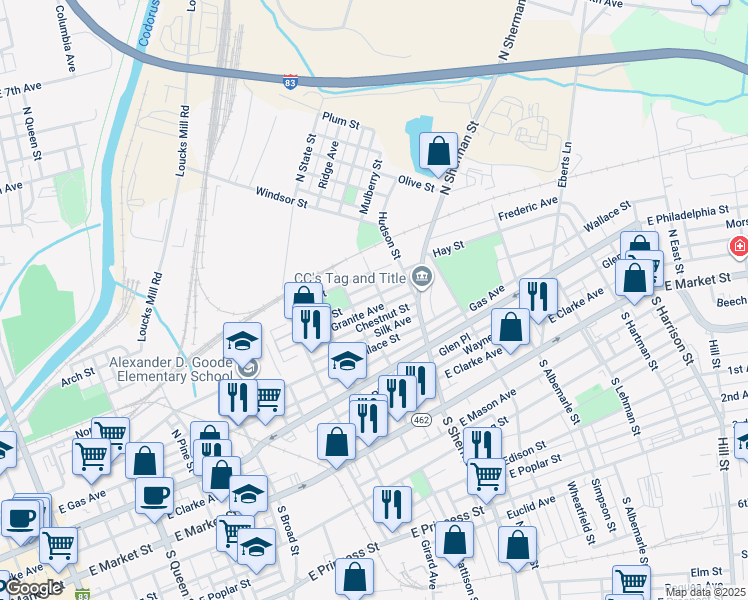 map of restaurants, bars, coffee shops, grocery stores, and more near 726 York Street in York