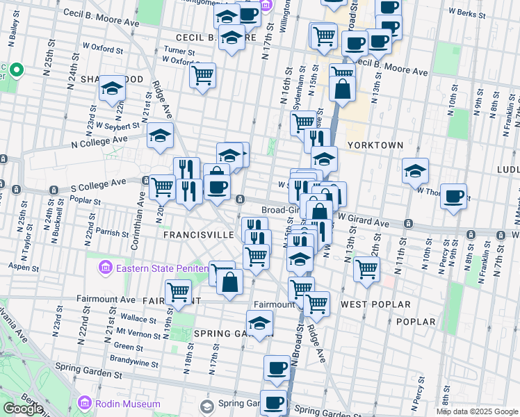 map of restaurants, bars, coffee shops, grocery stores, and more near 1600 West Girard Avenue in Philadelphia