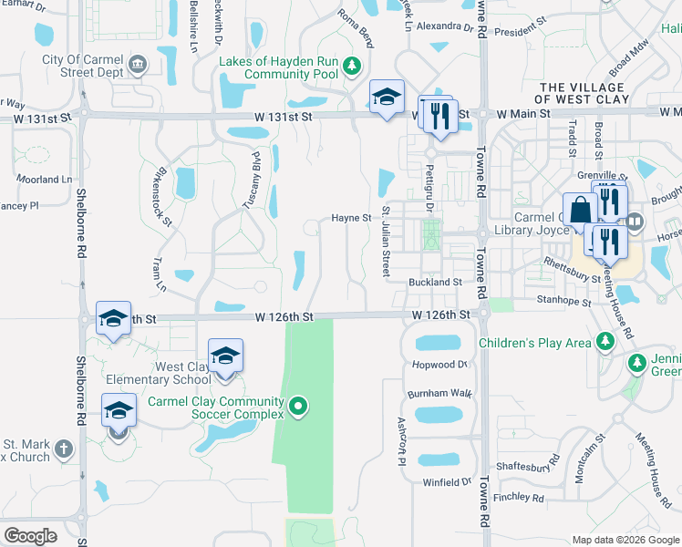 map of restaurants, bars, coffee shops, grocery stores, and more near 12688 Moonseed Drive in Carmel