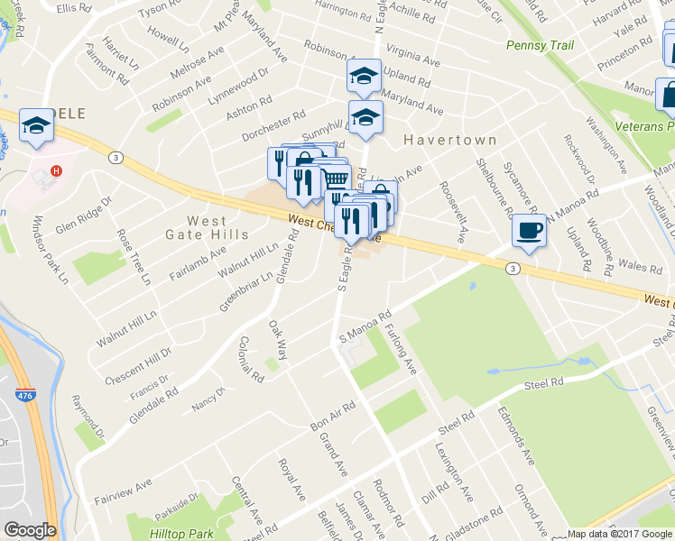 map of restaurants, bars, coffee shops, grocery stores, and more near 66 South Eagle Road in Havertown