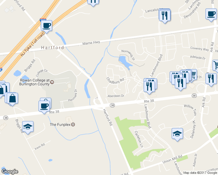 map of restaurants, bars, coffee shops, grocery stores, and more near 4301A Aberdeen Drive in Mount Laurel Township