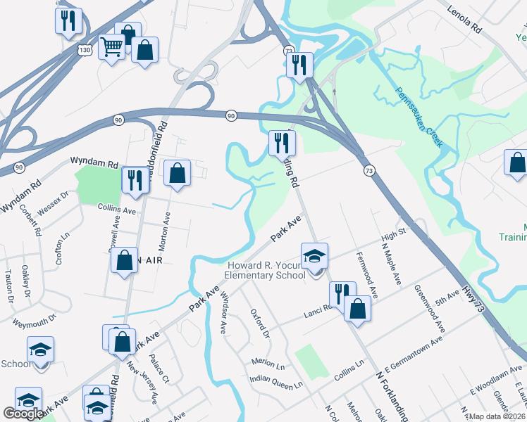 map of restaurants, bars, coffee shops, grocery stores, and more near 141 Park Avenue in Cinnaminson