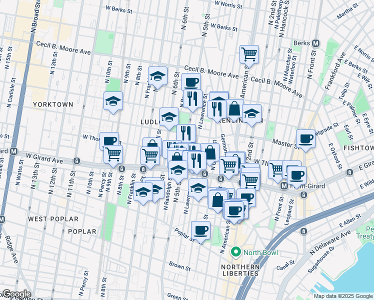 map of restaurants, bars, coffee shops, grocery stores, and more near 1305 North 5th Street in Philadelphia