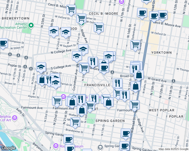 map of restaurants, bars, coffee shops, grocery stores, and more near in Philadelphia
