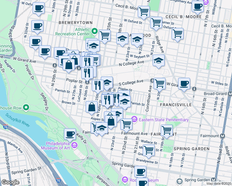 map of restaurants, bars, coffee shops, grocery stores, and more near 2328 Poplar Street in Philadelphia