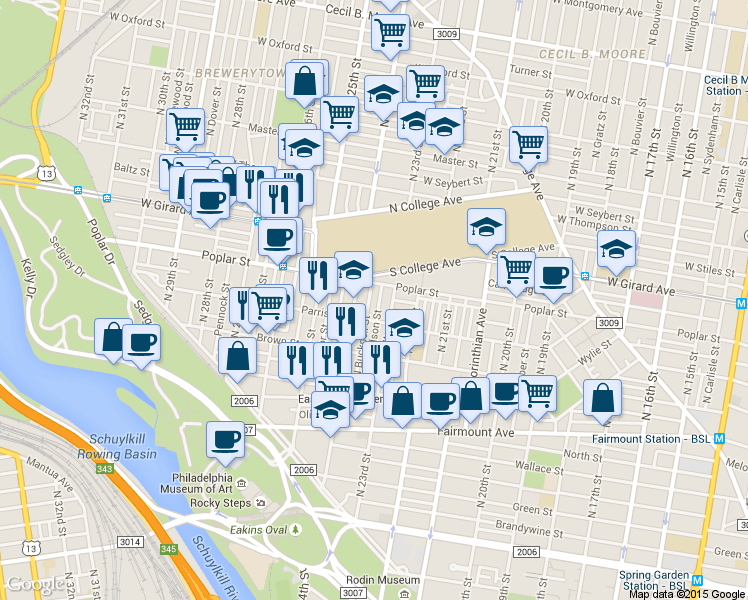 map of restaurants, bars, coffee shops, grocery stores, and more near 2328 Poplar Street in Philadelphia