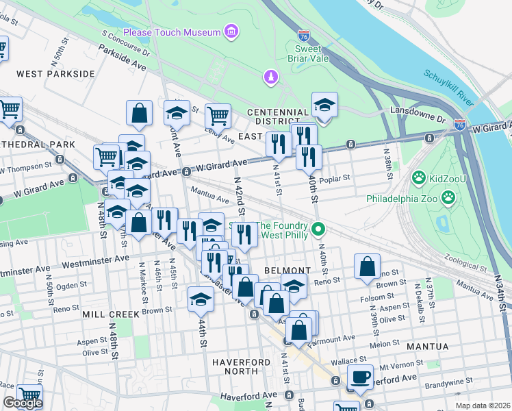 map of restaurants, bars, coffee shops, grocery stores, and more near 4120 Poplar Street in Philadelphia