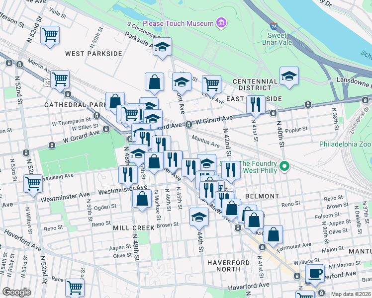 map of restaurants, bars, coffee shops, grocery stores, and more near 1031 Belmont Avenue in Philadelphia