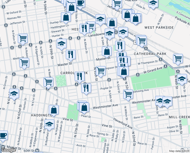 map of restaurants, bars, coffee shops, grocery stores, and more near 1250 North 55th Street in Philadelphia