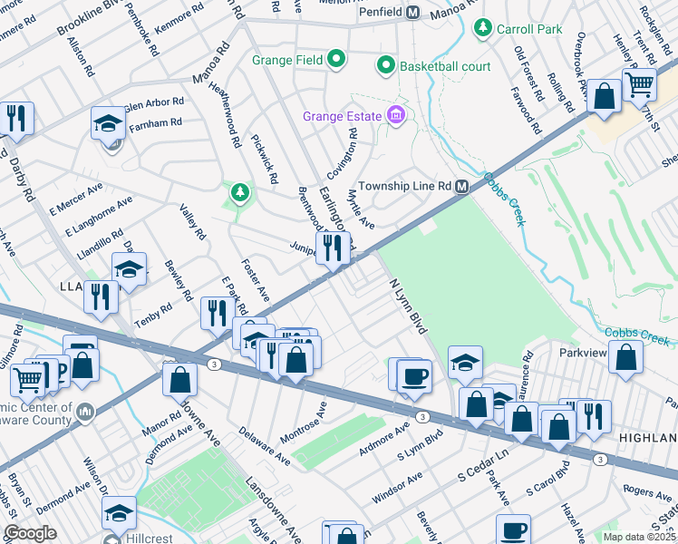 map of restaurants, bars, coffee shops, grocery stores, and more near 20 Juniper Road in Havertown