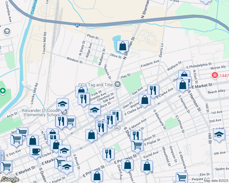 map of restaurants, bars, coffee shops, grocery stores, and more near 255 North Sherman Street in York