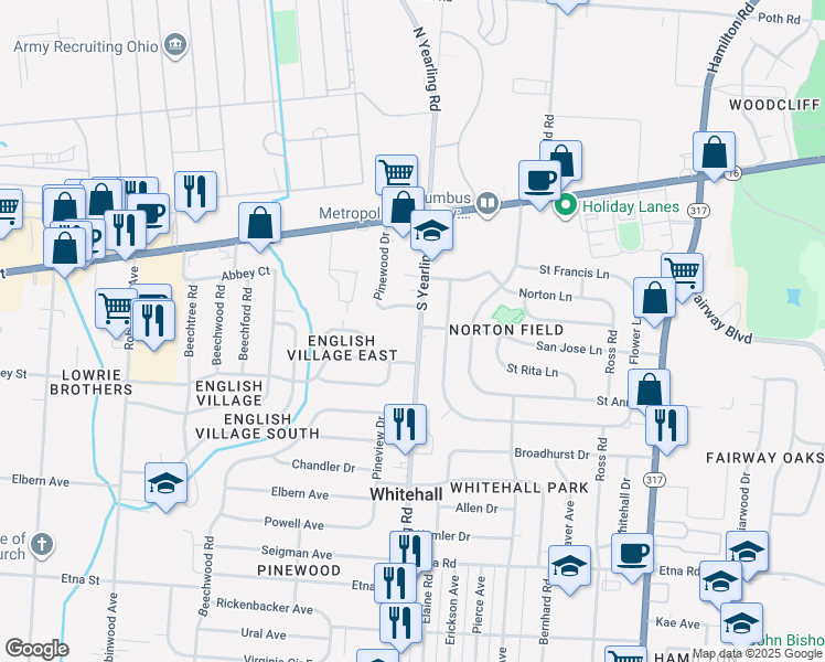 map of restaurants, bars, coffee shops, grocery stores, and more near 125 South Yearling Road in Columbus