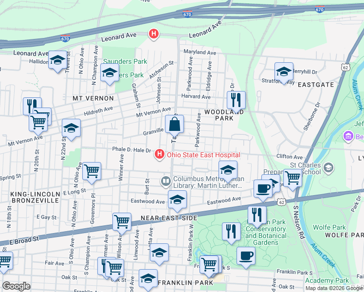 map of restaurants, bars, coffee shops, grocery stores, and more near 1545 Richmond Avenue in Columbus