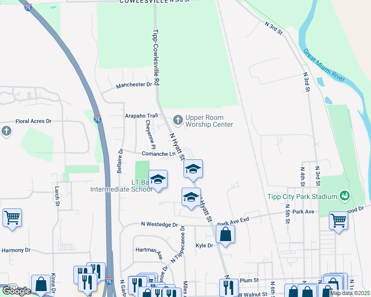 map of restaurants, bars, coffee shops, grocery stores, and more near 615 Comanche Lane in Tipp City
