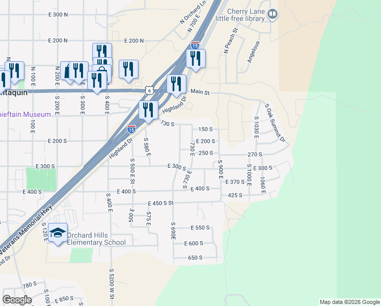 map of restaurants, bars, coffee shops, grocery stores, and more near 252 730 East in Santaquin