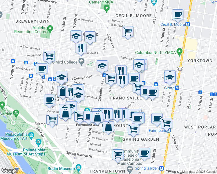 map of restaurants, bars, coffee shops, grocery stores, and more near 2007 Poplar Street in Philadelphia