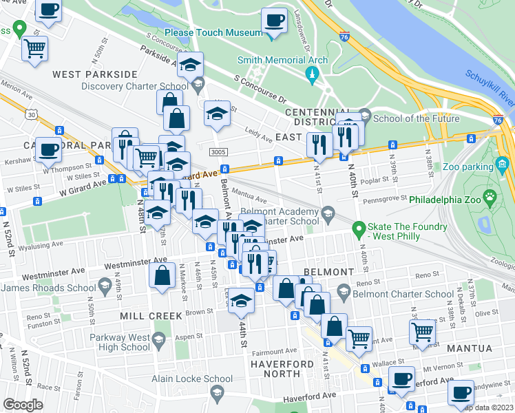map of restaurants, bars, coffee shops, grocery stores, and more near 4231 Wyalusing Avenue in Philadelphia