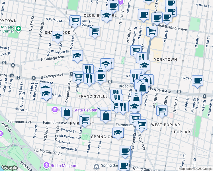 map of restaurants, bars, coffee shops, grocery stores, and more near 1717 Cambridge Street in Philadelphia