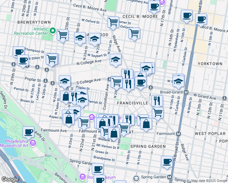 map of restaurants, bars, coffee shops, grocery stores, and more near 2007 Poplar Street in Philadelphia