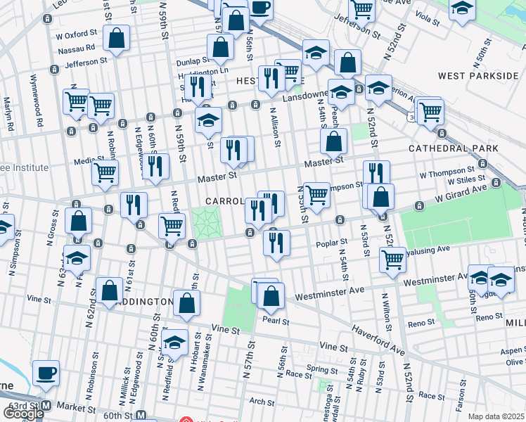 map of restaurants, bars, coffee shops, grocery stores, and more near 1241 North Frazier Street in Philadelphia