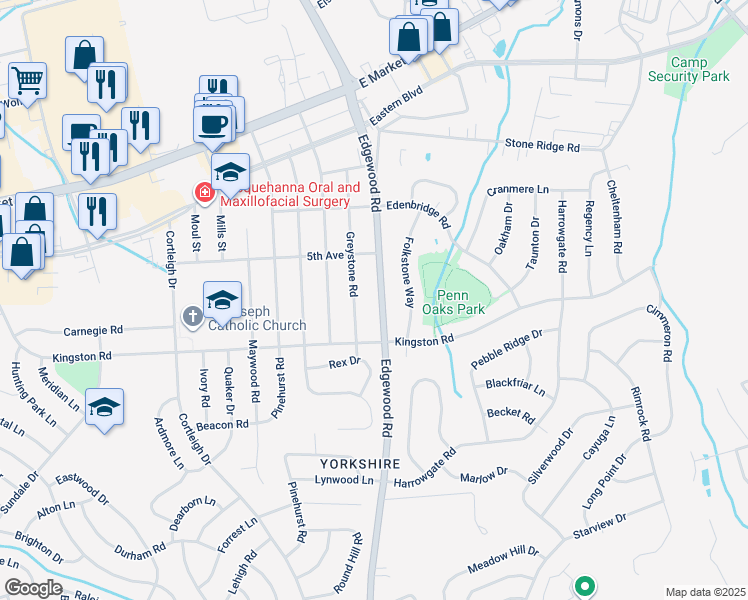 map of restaurants, bars, coffee shops, grocery stores, and more near 340 Edgewood Road in East York