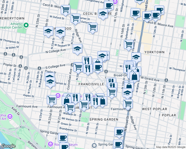 map of restaurants, bars, coffee shops, grocery stores, and more near 1810 Ridge Avenue in Philadelphia