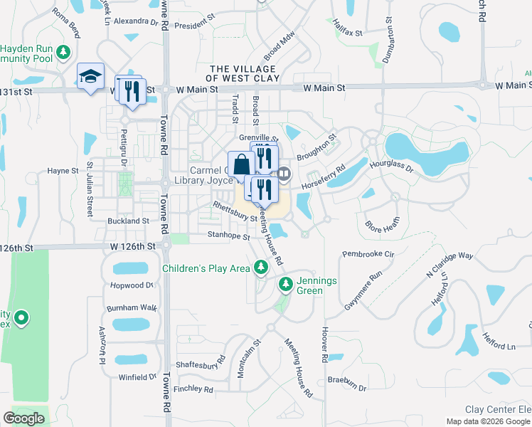 map of restaurants, bars, coffee shops, grocery stores, and more near 12703 Meeting House Road in Carmel