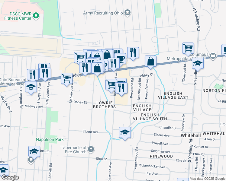 map of restaurants, bars, coffee shops, grocery stores, and more near 93 Robinwood Avenue in Whitehall