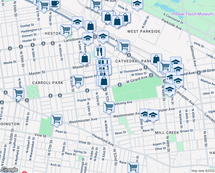 map of restaurants, bars, coffee shops, grocery stores, and more near 1201 North 52nd Street in Philadelphia