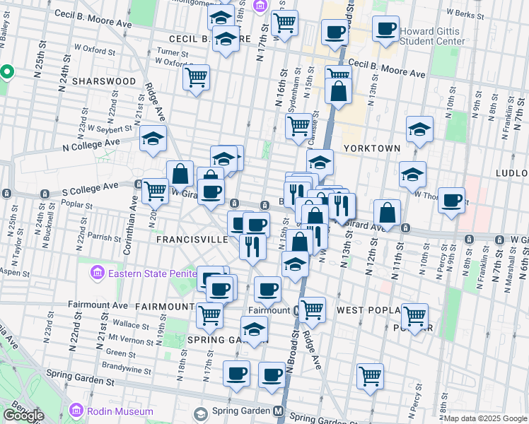 map of restaurants, bars, coffee shops, grocery stores, and more near 1534 West Girard Avenue in Philadelphia