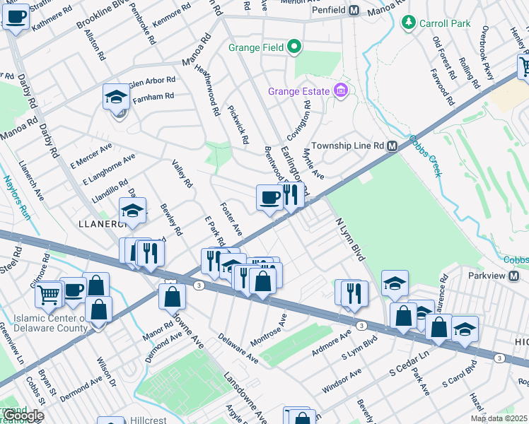 map of restaurants, bars, coffee shops, grocery stores, and more near 27 Meadowbrook Road in Havertown