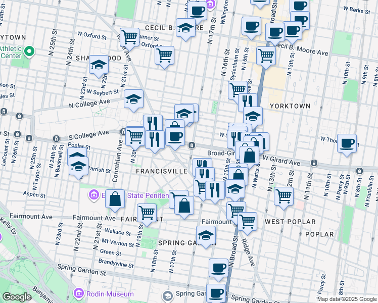 map of restaurants, bars, coffee shops, grocery stores, and more near 926 North 17th Street in Philadelphia
