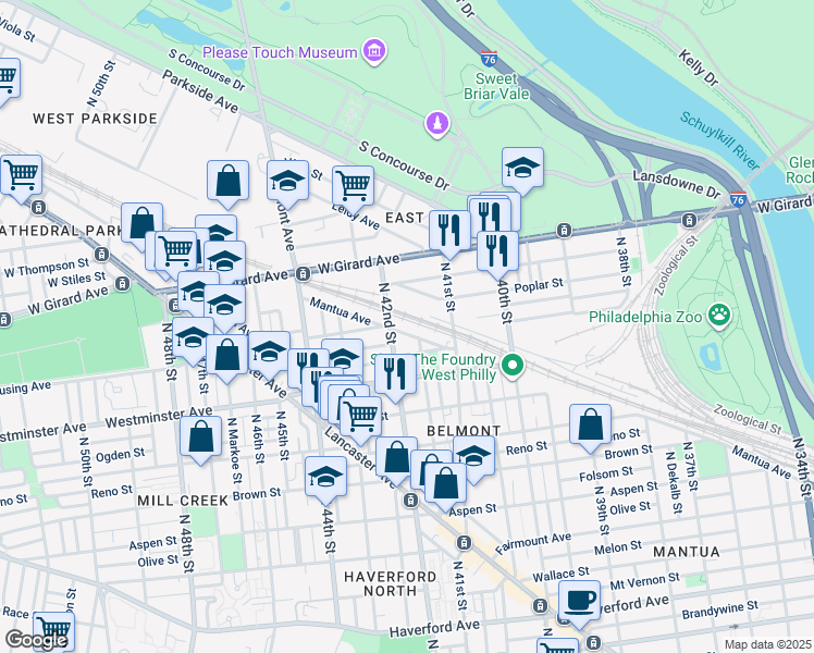 map of restaurants, bars, coffee shops, grocery stores, and more near 4161 Mantua Avenue in Philadelphia