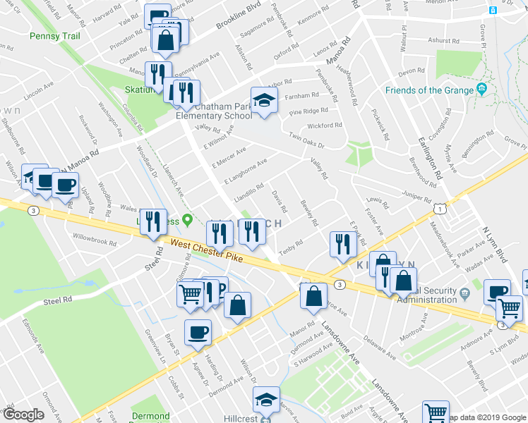 map of restaurants, bars, coffee shops, grocery stores, and more near 309 Lansdowne Road in Havertown