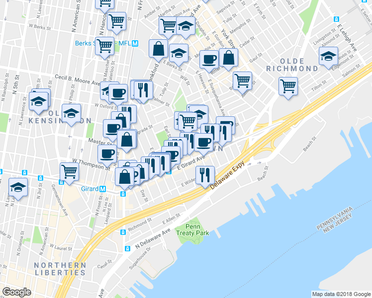 map of restaurants, bars, coffee shops, grocery stores, and more near 1230 East Palmer Street in Philadelphia