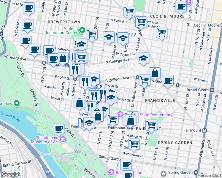 map of restaurants, bars, coffee shops, grocery stores, and more near 2217 Ogden Street in Philadelphia