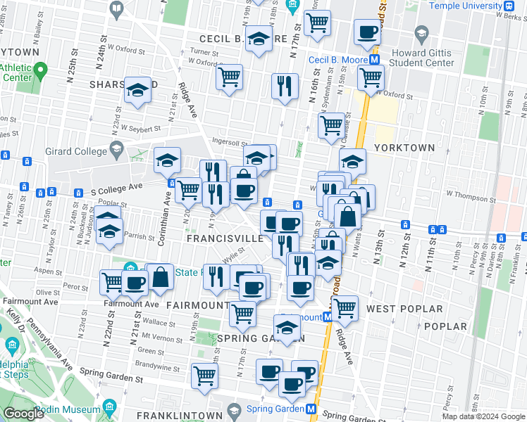 map of restaurants, bars, coffee shops, grocery stores, and more near 926 North 17th Street in Philadelphia