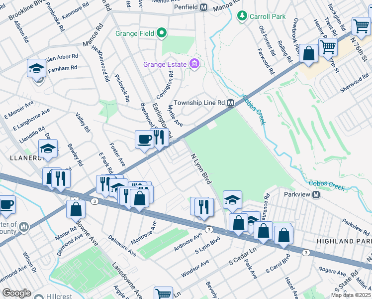 map of restaurants, bars, coffee shops, grocery stores, and more near 268 South Bayberry Lane in Delaware County