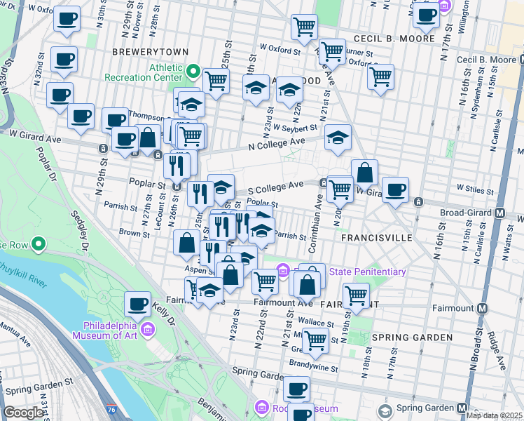 map of restaurants, bars, coffee shops, grocery stores, and more near 2217 Ogden Street in Philadelphia