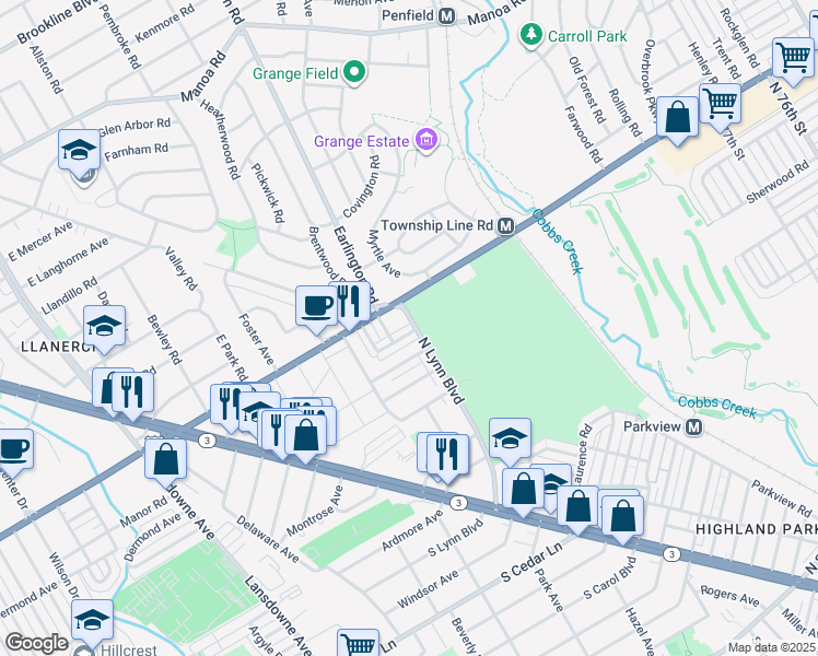 map of restaurants, bars, coffee shops, grocery stores, and more near 270 South Bayberry Lane in Delaware County
