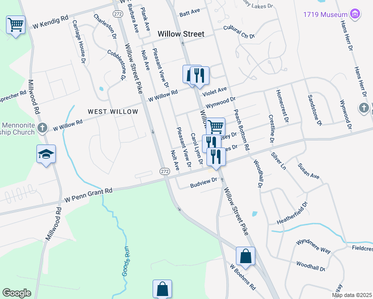 map of restaurants, bars, coffee shops, grocery stores, and more near 347 Pleasant View Drive in Willow Street