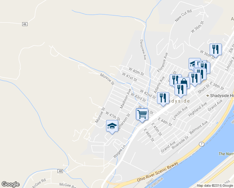 map of restaurants, bars, coffee shops, grocery stores, and more near 533 West 44th Street in Shadyside