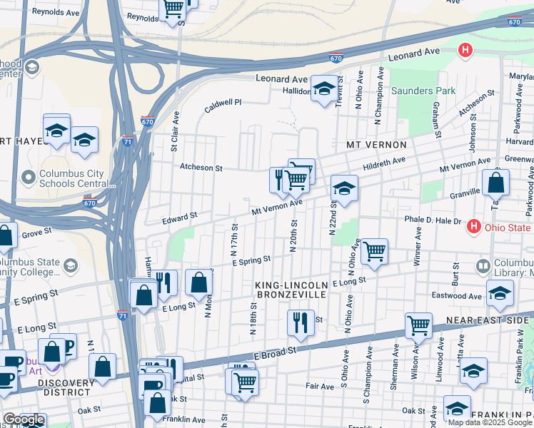 map of restaurants, bars, coffee shops, grocery stores, and more near 992 Mount Vernon Avenue in Columbus