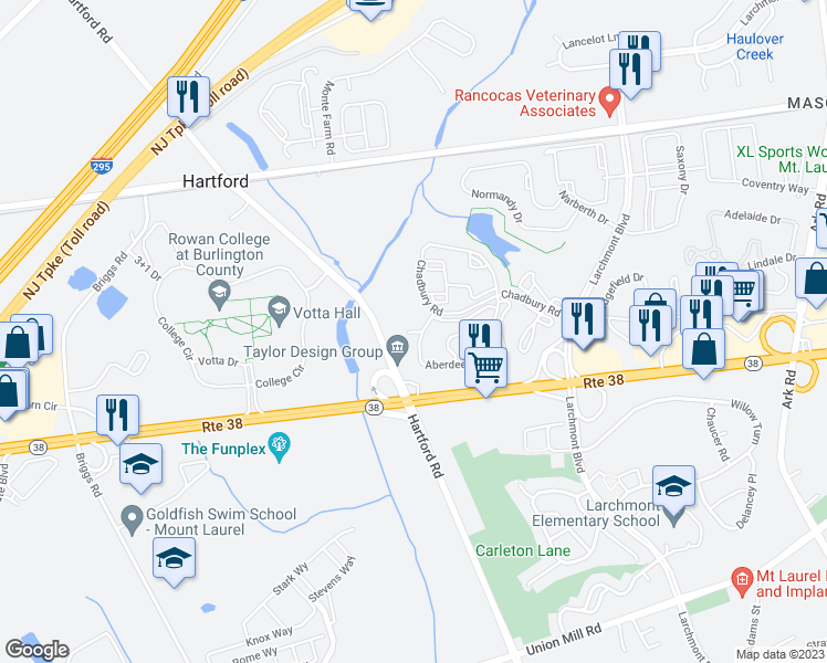 map of restaurants, bars, coffee shops, grocery stores, and more near 4214 Aberdeen Drive in Mount Laurel