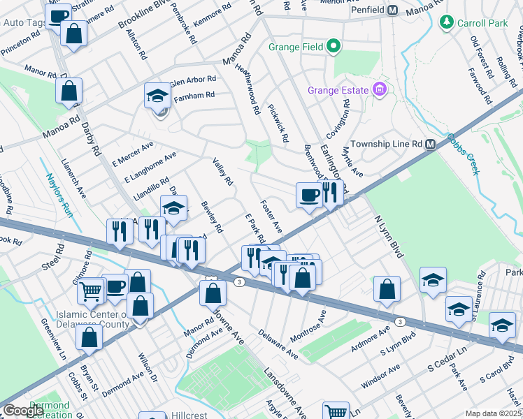 map of restaurants, bars, coffee shops, grocery stores, and more near 134 Foster Avenue in Havertown