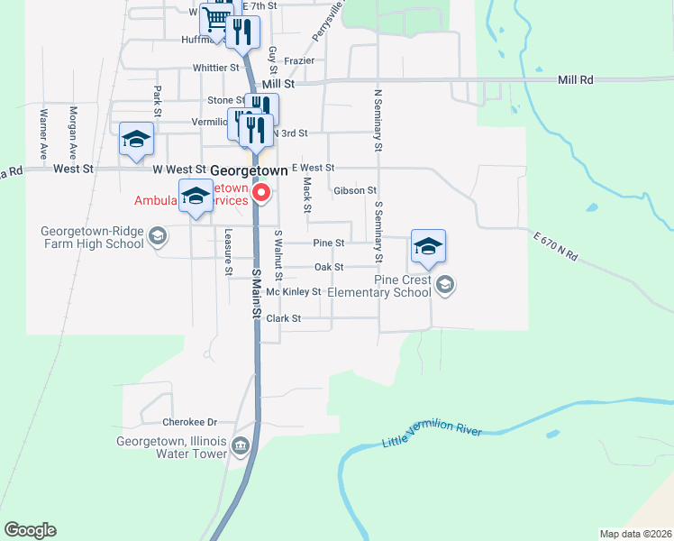 map of restaurants, bars, coffee shops, grocery stores, and more near 305 Oak Street in Georgetown