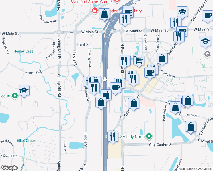 map of restaurants, bars, coffee shops, grocery stores, and more near 12711 North Meridian Street in Carmel