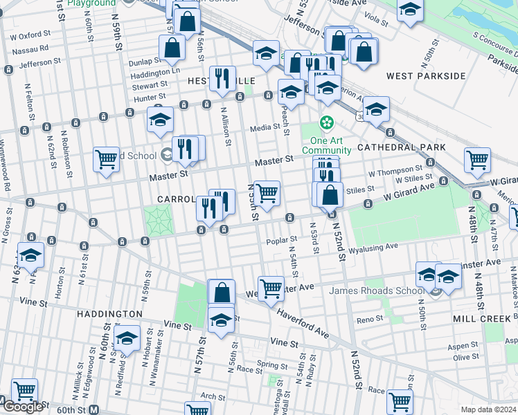 map of restaurants, bars, coffee shops, grocery stores, and more near 1229 North 55th Street in Philadelphia