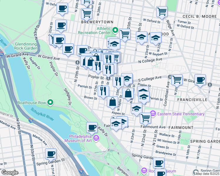 map of restaurants, bars, coffee shops, grocery stores, and more near 834 North Bambrey Street in Philadelphia