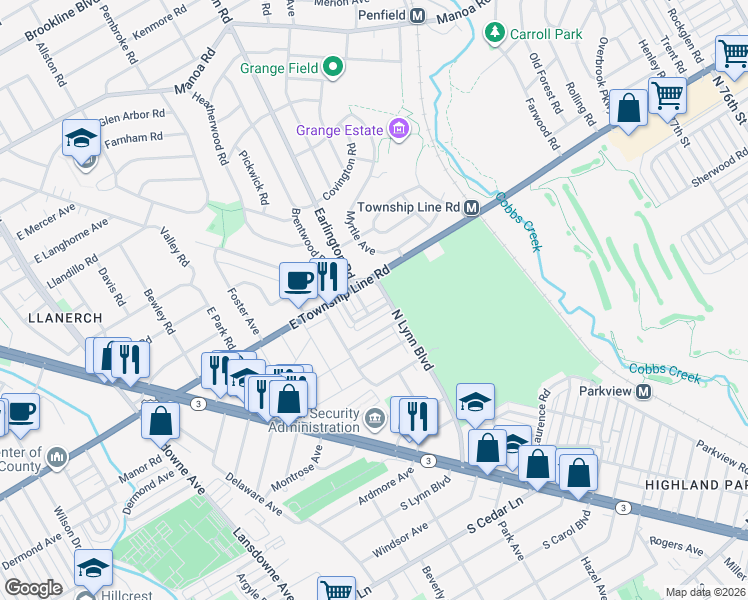 map of restaurants, bars, coffee shops, grocery stores, and more near 256 Barclay Road in Delaware County